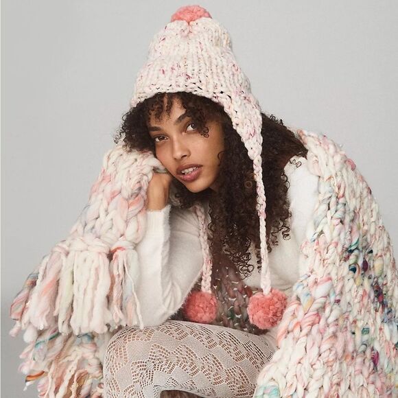 Free People x Loopy Mango Aviatrix Hand Knit Merino Wool Pink White Trapper Hat - Picture 1 of 5